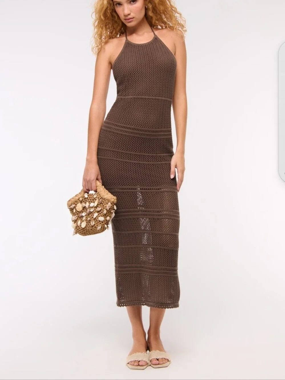Abercrombie & Fitch Beaded Crochet Style Maxi Dress Halter I Brown Resortwear XL
